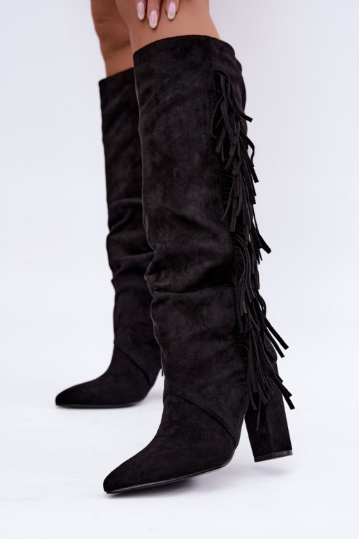 Bottes hautes froissées et chaudes avec talons et pompons couleur noire Karmelle