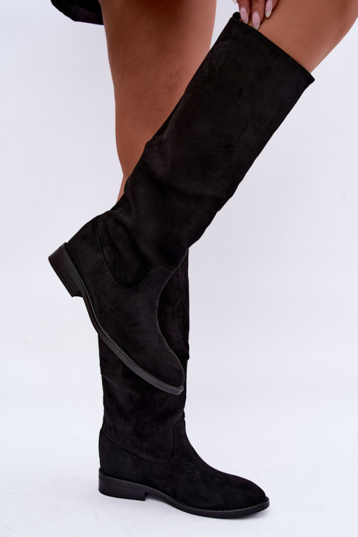 Bottes hautes chaudes avec talons larges et volants en simili daim noir Odelira