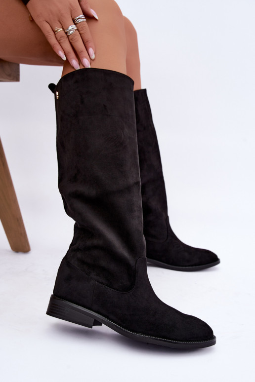 Bottes hautes chaudes avec talons larges et volants en simili daim noir Odelira