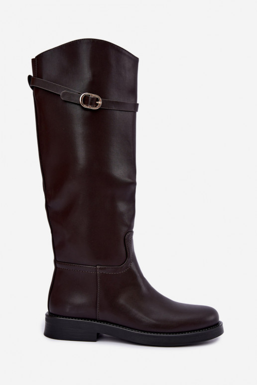 Bottes hautes pour femmes avec talons larges et sangles avec boucles couleur chocolat Sylvena