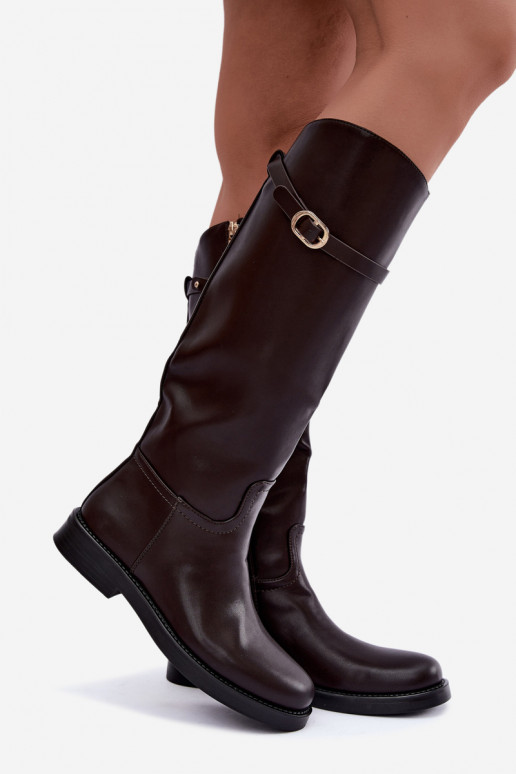 Bottes hautes pour femmes avec talons larges et sangles avec boucles couleur chocolat Sylvena