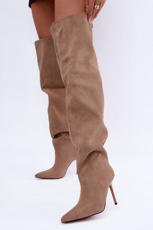 Damen kniehohe Stiefel mit schmalen Absätzen in Sandfarbe Aderelle