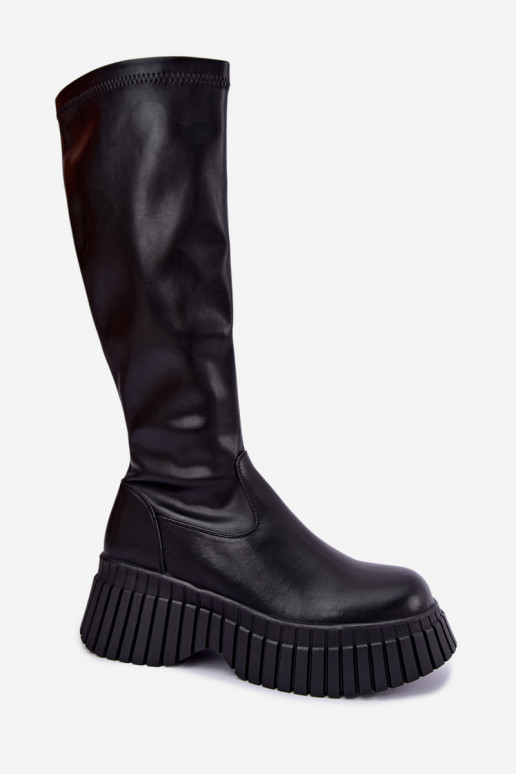 Bottes noires jusqu'au genou avec plateforme Haldora
