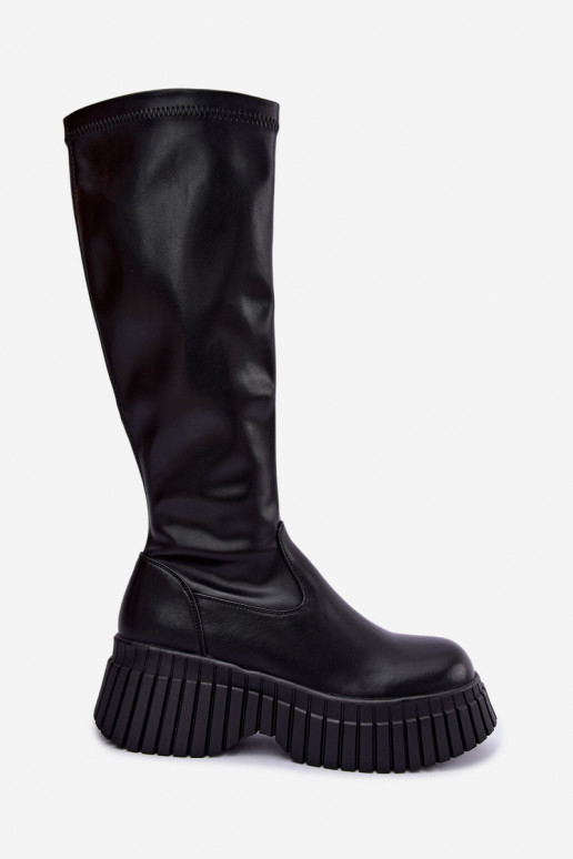 Schwarze kniehohe Stiefel mit Plattform Haldora