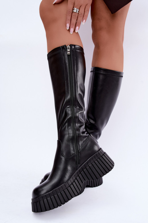 Bottes noires jusqu'au genou avec plateforme Haldora