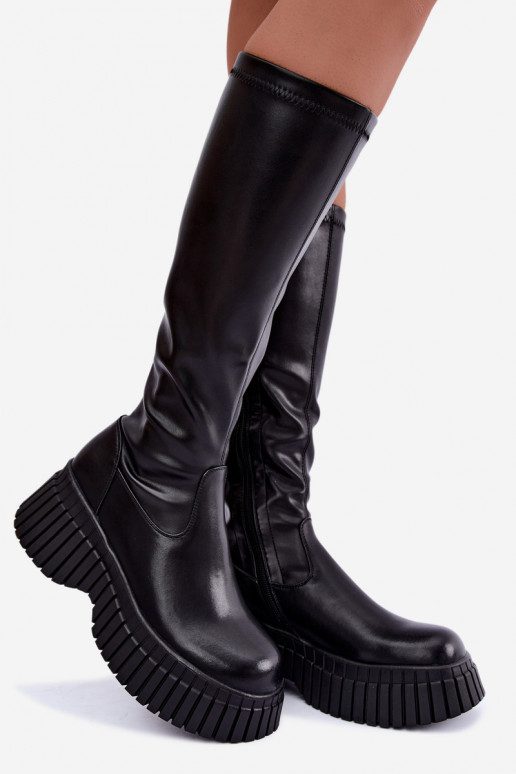 Zwarte knieboots met platform Haldora