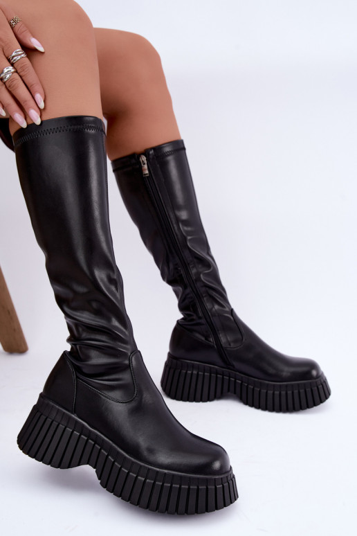 Bottes noires jusqu'au genou avec plateforme Haldora
