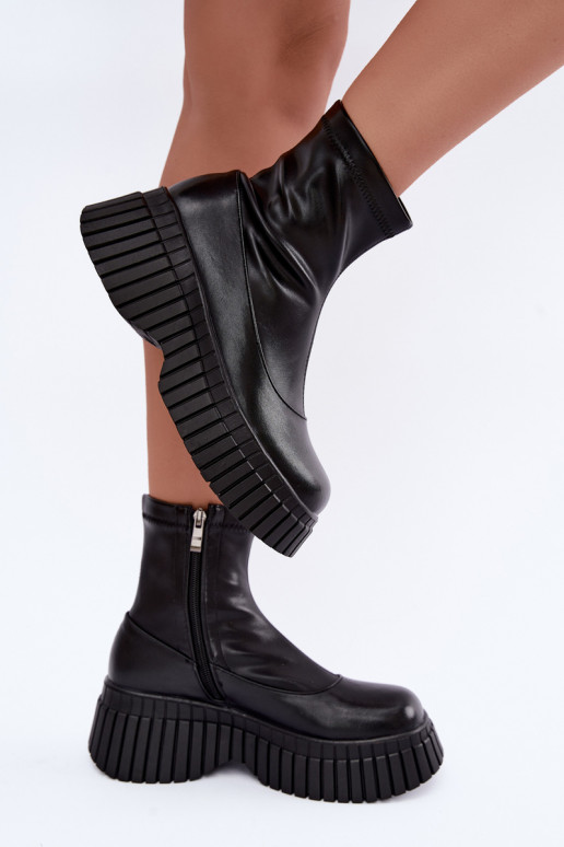 Schwarze Lederstiefeletten mit Plattform Elmorine