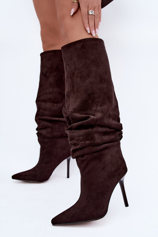 Bottes chocolat à enfiler avec talons fins Balira