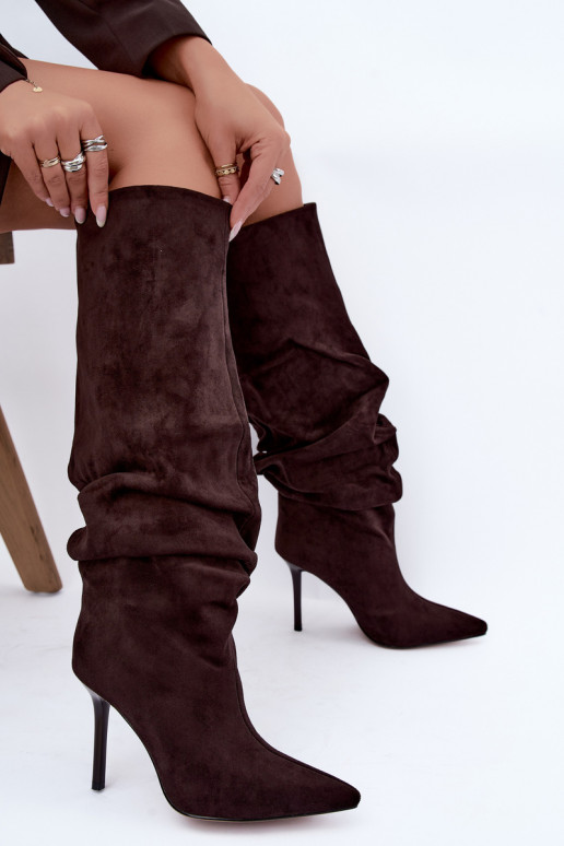 Bottes chocolat à enfiler avec talons fins Balira