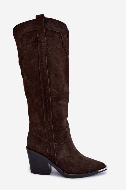 Wärmende kniehohe Cowboy-Stiefel mit Absatz aus Kunstveloursleder in Braun