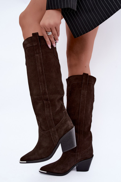 Warme lange cowboy-stijl laarzen met hakken in faux suede bruin