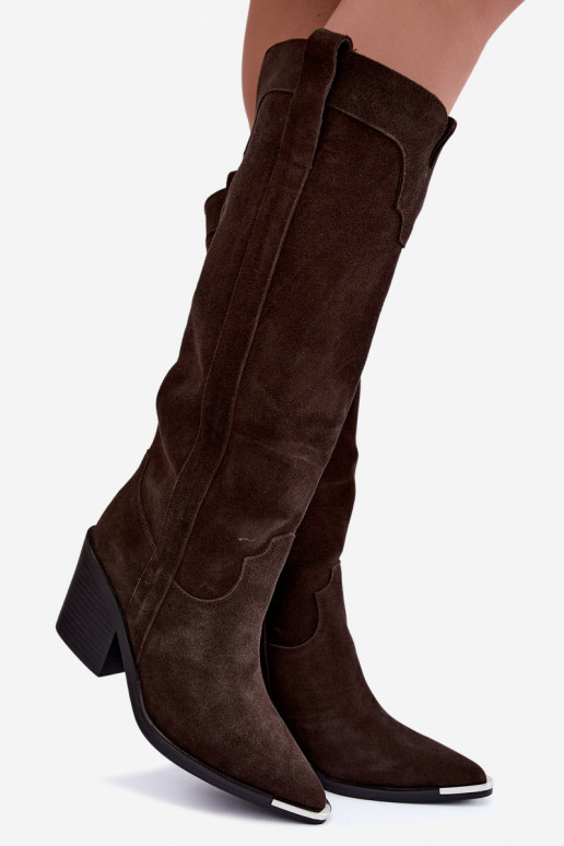 Warme lange cowboy-stijl laarzen met hakken in faux suede bruin