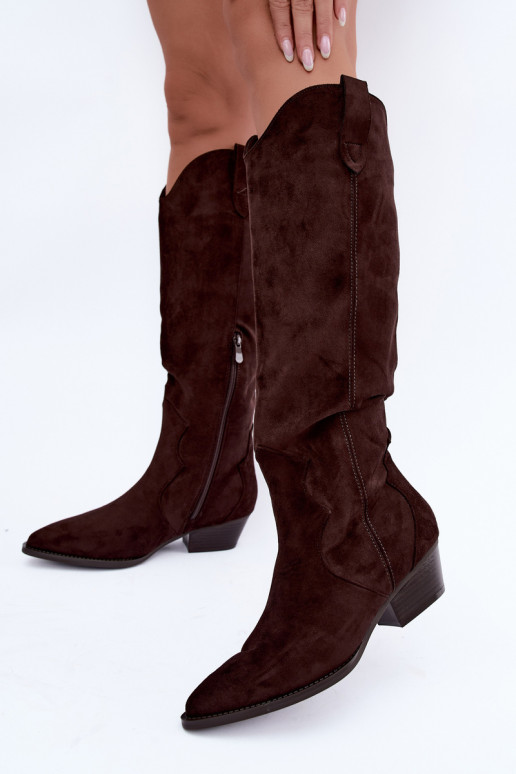 Warme lange cowboy-stijl laarzen met hakken in bruin Renissa