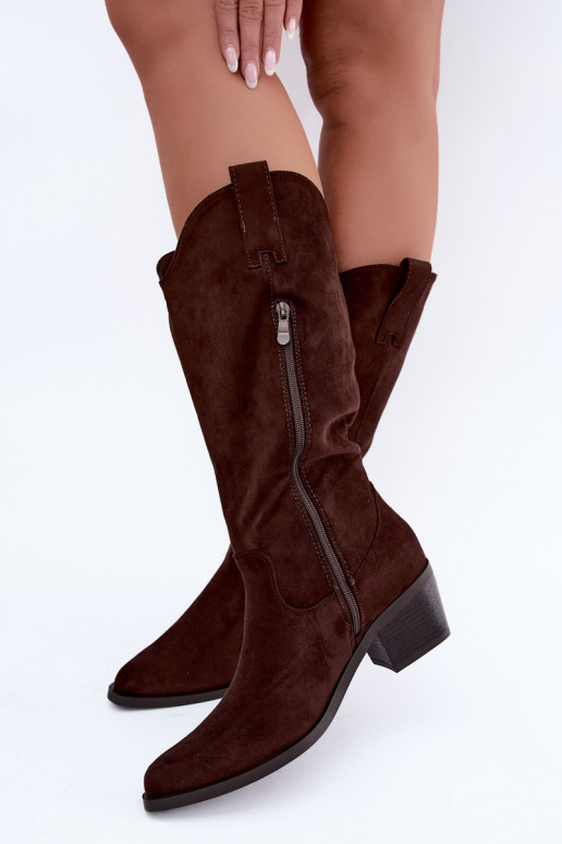 Warme lange cowboy-stijl laarzen met hakken in bruin Rialene