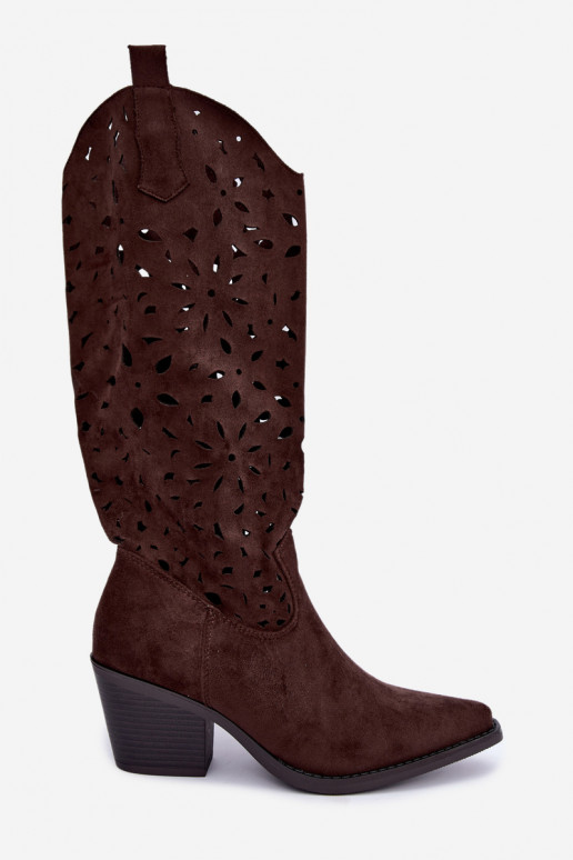 Ausschnitt kniehohe Cowboy-Stiefel mit Absatz in Braun Salirae
