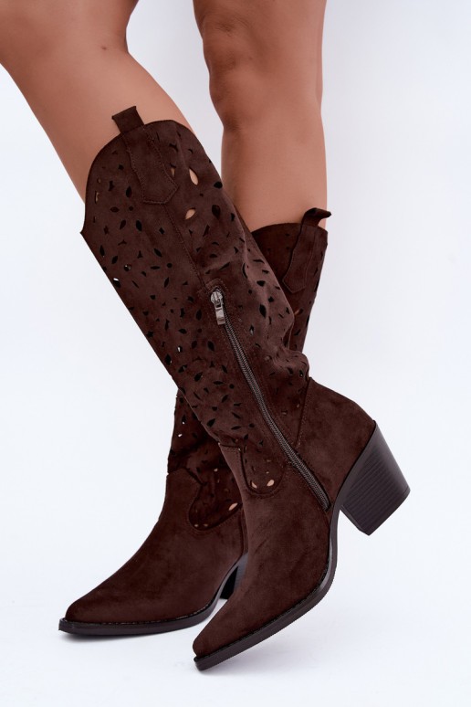 Ausschnitt kniehohe Cowboy-Stiefel mit Absatz in Braun Salirae
