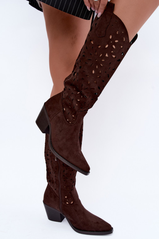 Ausschnitt kniehohe Cowboy-Stiefel mit Absatz in Braun Salirae