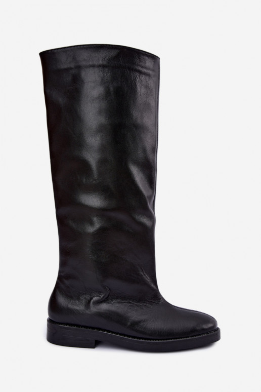 Bottes hautes en cuir chaudes avec larges talons en noir Zazoo 542
