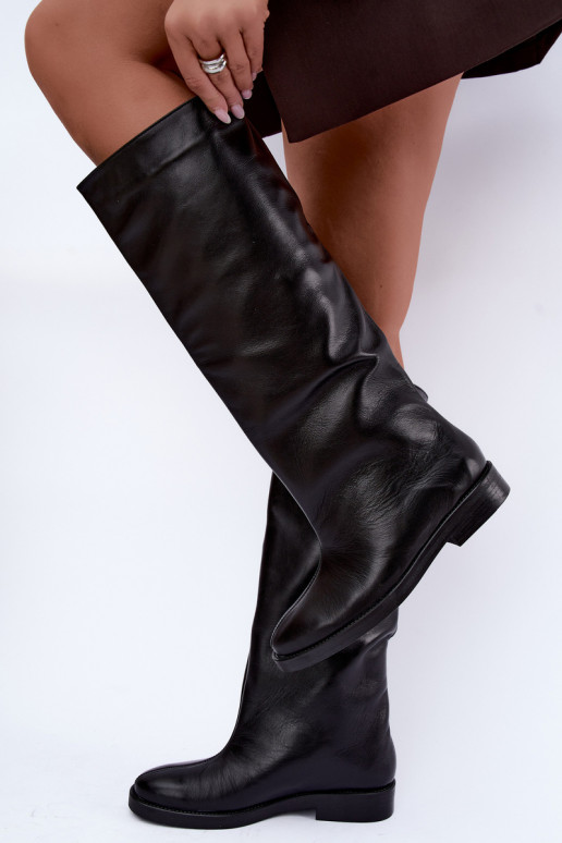 Bottes hautes en cuir chaudes avec larges talons en noir Zazoo 542
