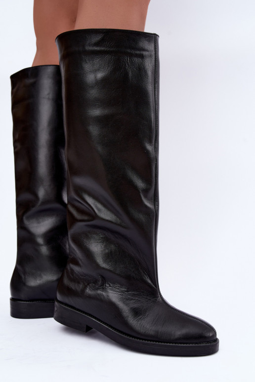 Wärmende lederne kniehohe Stiefel mit breiten Absätzen in Schwarz Zazoo 542