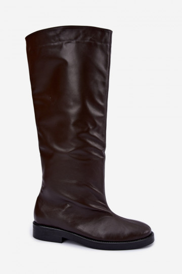Wärmende lederne kniehohe Stiefel mit breiten Absätzen in Braun Zazoo 542