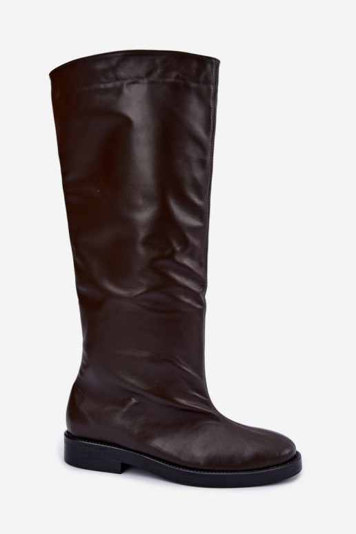 Bottes hautes en cuir chaudes avec larges talons en marron Zazoo 542