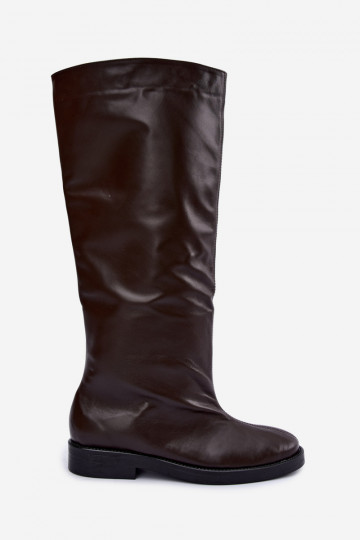 Bottes hautes en cuir chaudes avec larges talons en marron Zazoo 542 2