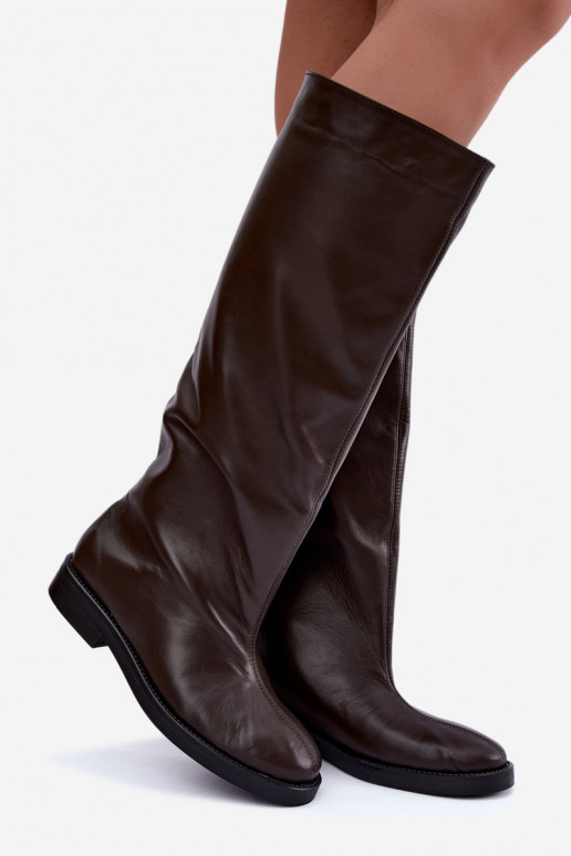 Bottes hautes en cuir chaudes avec larges talons en marron Zazoo 542