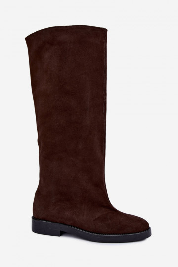 Wärmende kniehohe Stiefel aus Kunstveloursleder mit breiten Absätzen in Braun Zazoo 542
