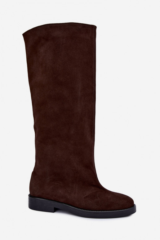 Bottes hautes en daim synthétique chaudes avec larges talons en marron Zazoo 542