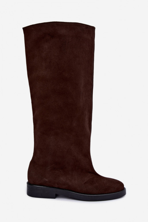 Warme lange laarzen van faux suede met brede hakken in bruin Zazoo 542