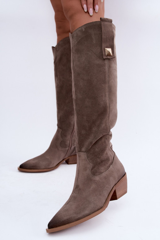 Bottes hautes chaudes en daim synthétique de style cowboy en argile Zazoo 4224