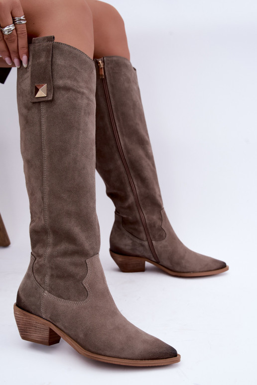 Bottes hautes chaudes en daim synthétique de style cowboy en argile Zazoo 4224