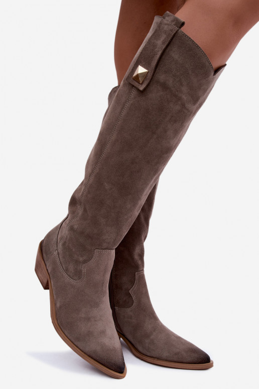 Bottes hautes chaudes en daim synthétique de style cowboy en argile Zazoo 4224