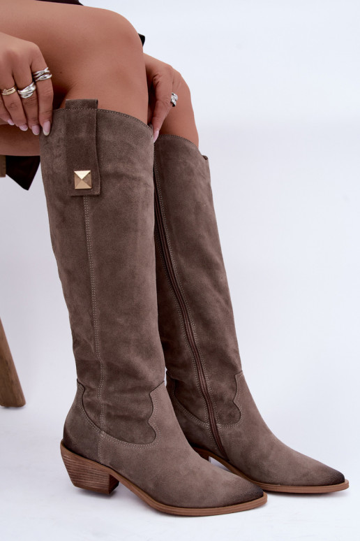 Bottes hautes chaudes en daim synthétique de style cowboy en argile Zazoo 4224