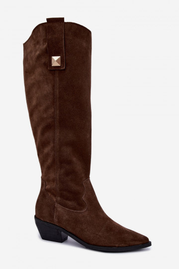 Warme lange laarzen in cowboy-stijl van faux suede in bruin Zazoo 4224