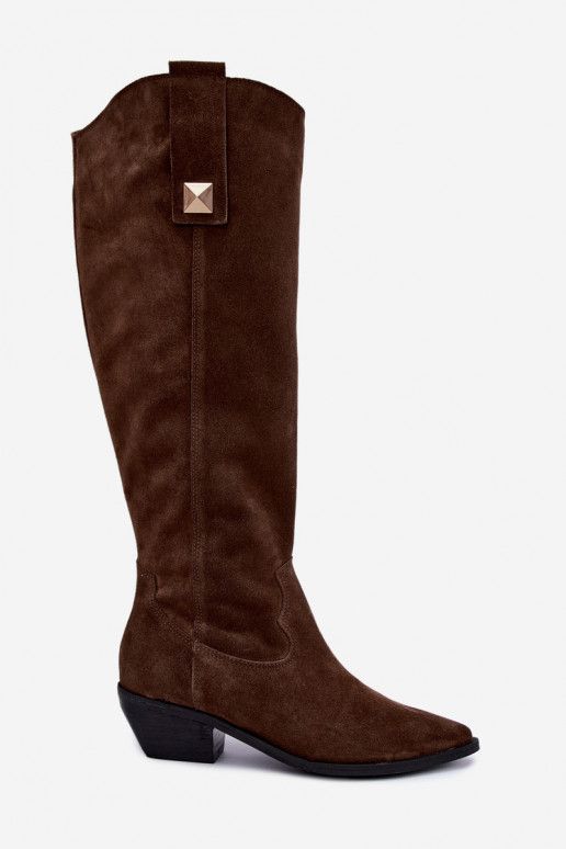 Bottes hautes chaudes en daim synthétique de style cowboy en marron Zazoo 4224