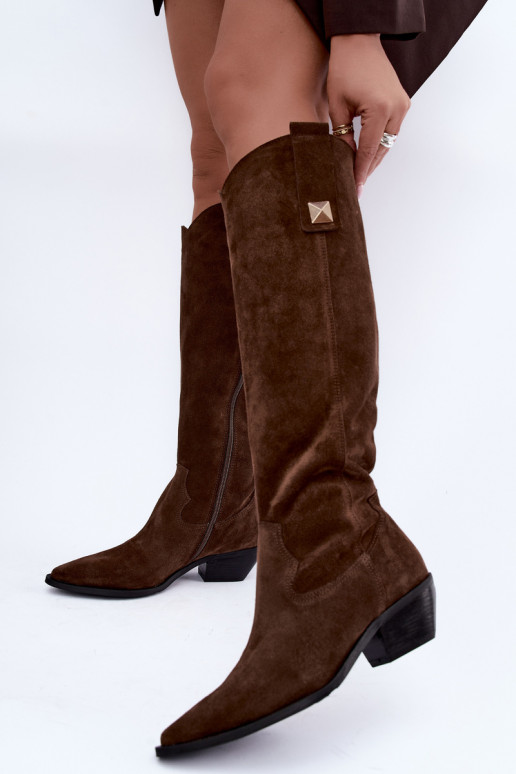 Warme lange laarzen in cowboy-stijl van faux suede in bruin Zazoo 4224
