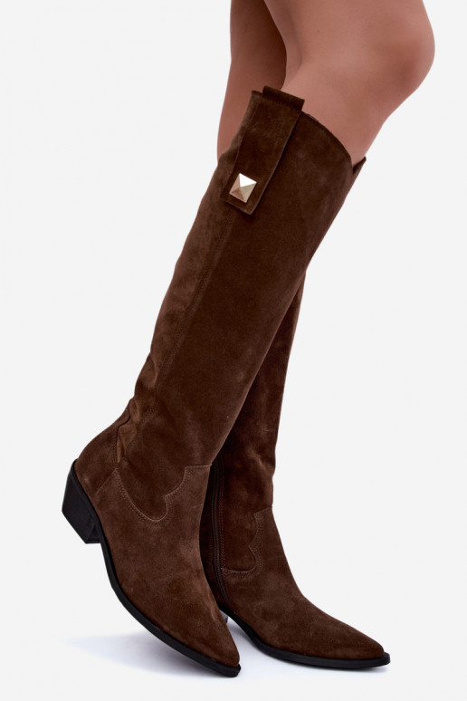 Warme lange laarzen in cowboy-stijl van faux suede in bruin Zazoo 4224