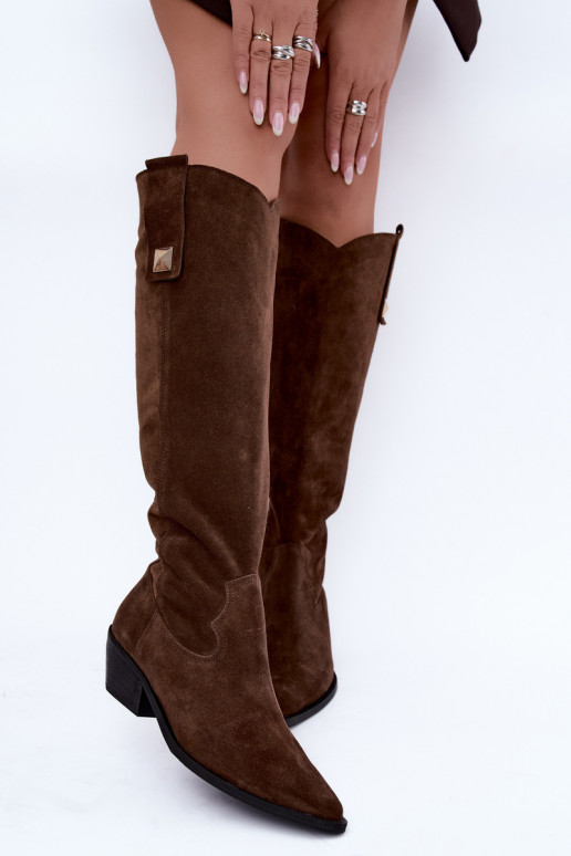 Wärmende kniehohe Stiefel im Cowboy-Stil aus Kunstveloursleder in Braun Zazoo 4224