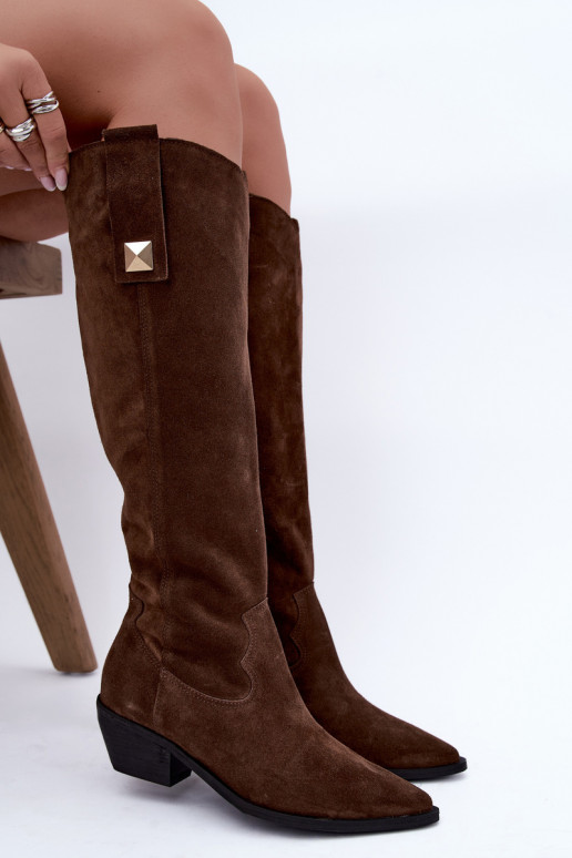 Warme lange laarzen in cowboy-stijl van faux suede in bruin Zazoo 4224