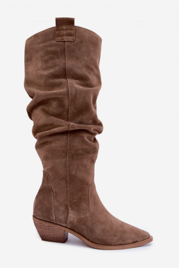 Wärmende zerknitterte kniehohe Stiefel im Cowboy-Stil aus Kunstveloursleder in Braun Zazoo 4313 2
