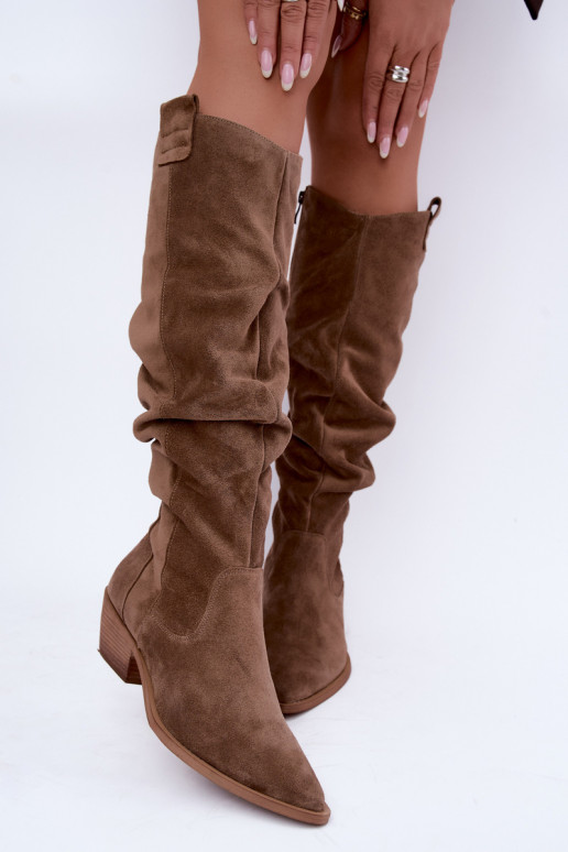Wärmende zerknitterte kniehohe Stiefel im Cowboy-Stil aus Kunstveloursleder in Braun Zazoo 4313