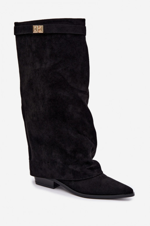 Dames kniehoge laarzen met enkelriemen op een lage hak van zwarte faux suede Giselle