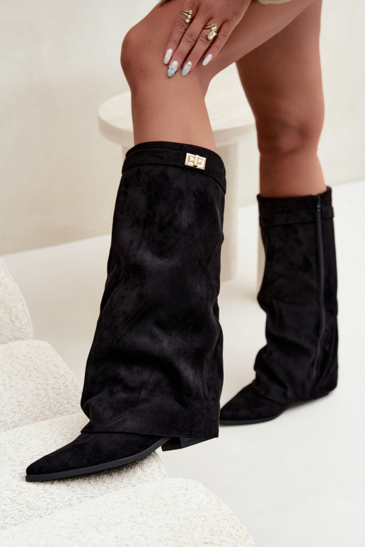 Dames kniehoge laarzen met enkelriemen op een lage hak van zwarte faux suede Giselle