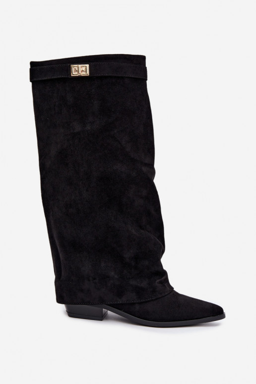 Bottes hautes pour femmes avec des sangles de cheville sur un petit talon en daim synthétique noir Giselle