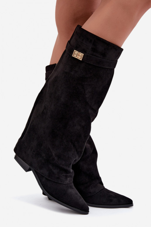 Bottes hautes pour femmes avec des sangles de cheville sur un petit talon en daim synthétique noir Giselle