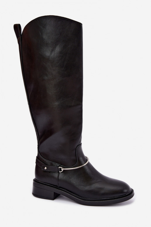 Bottes hautes avec larges talons et rubans décoratifs en couleur noire INillene
