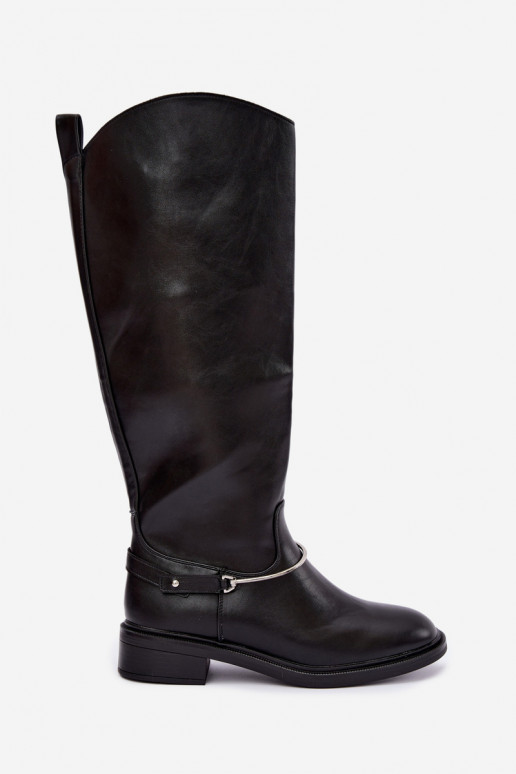 Bottes hautes avec larges talons et rubans décoratifs en couleur noire INillene